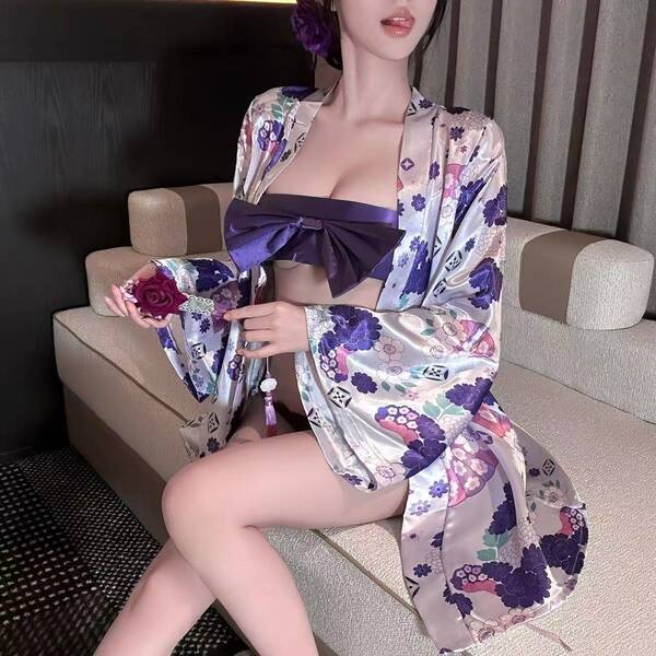 Cherry blossom two-way lingerie set - seductive kimono sleepwear with chest & hip exposure, no-remove maid outfit featuring f...