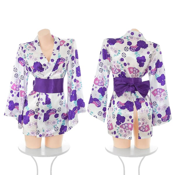 Cherry blossom two-way lingerie set - seductive kimono sleepwear with chest & hip exposure, no-remove maid outfit featuring v...