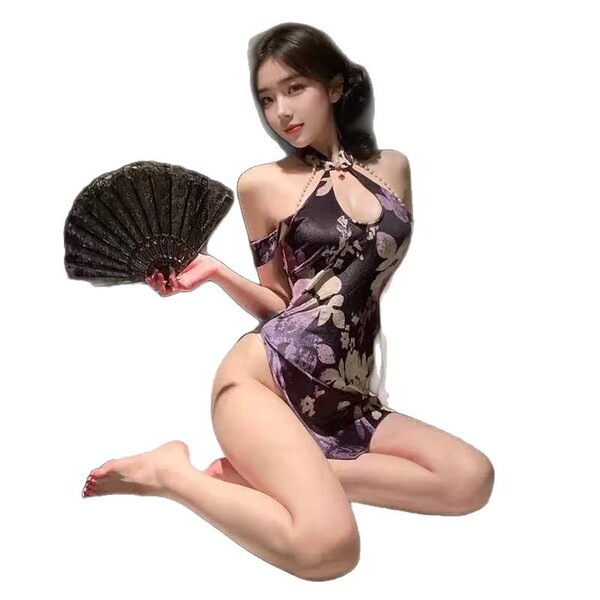 Cherry blossom vintage qipao lingerie set - purple seductive sleepwear & roleplay costume featuring elegant floral design and...