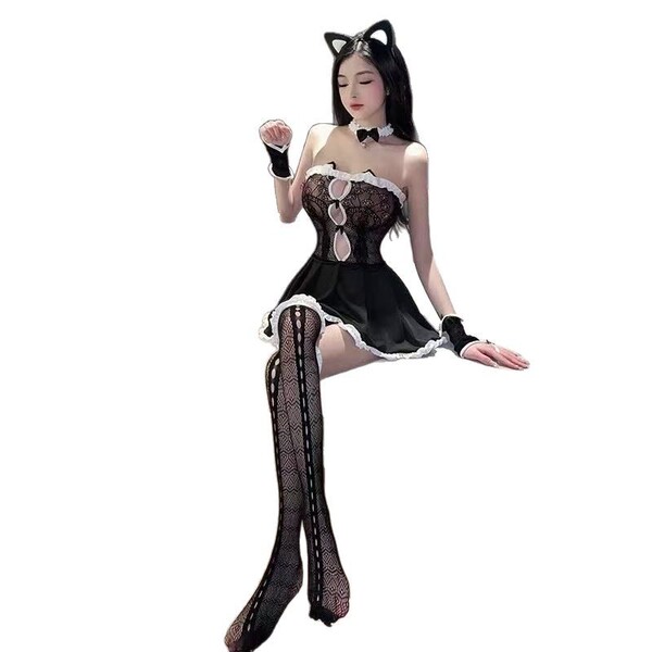 Cherry love cat girl lingerie set - cute kitten cosplay costume with sheer mesh & maid style pure-seductive outfit