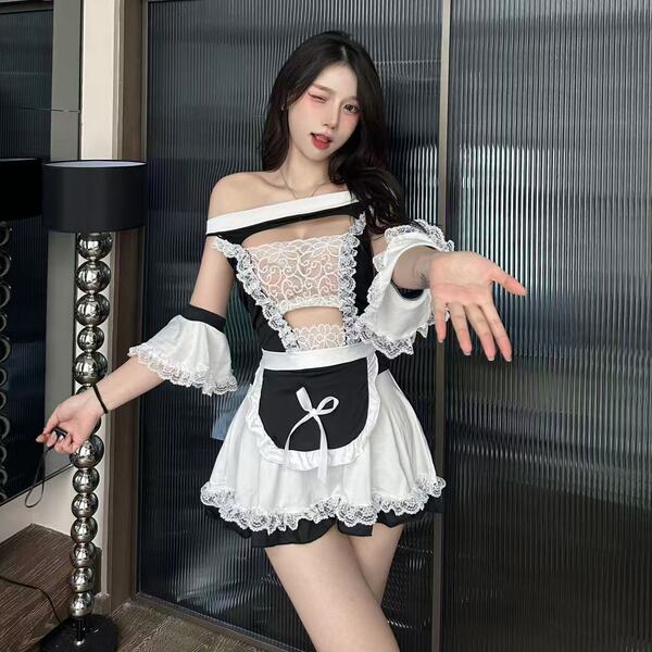 Woman modeling cherry love lingerie mini skirt set, a sweet and seductive maid costume with lace, bow backless design for rol...