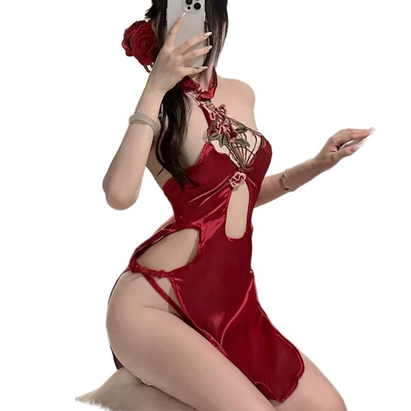 Cherry romance lingerie set featuring a red cheongsam-style costume with high slits, perfect for women seeking elegance and a...