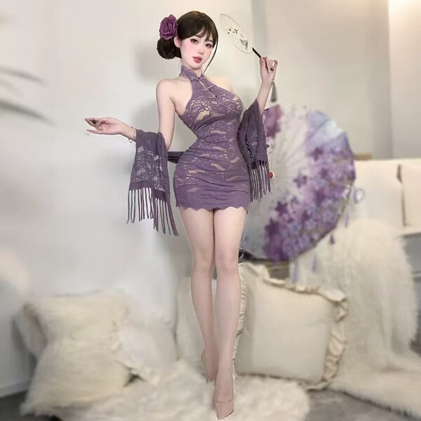 Woman in purple lace cherry romance lingerie set with shawl and fan, elegant date night sleepwear.