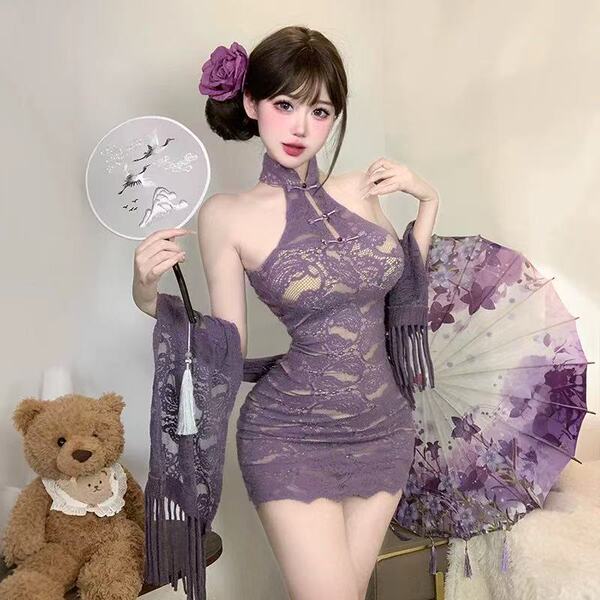 Woman in purple lace cherry romance lingerie set holding fan and umbrella, styled for romantic date night.