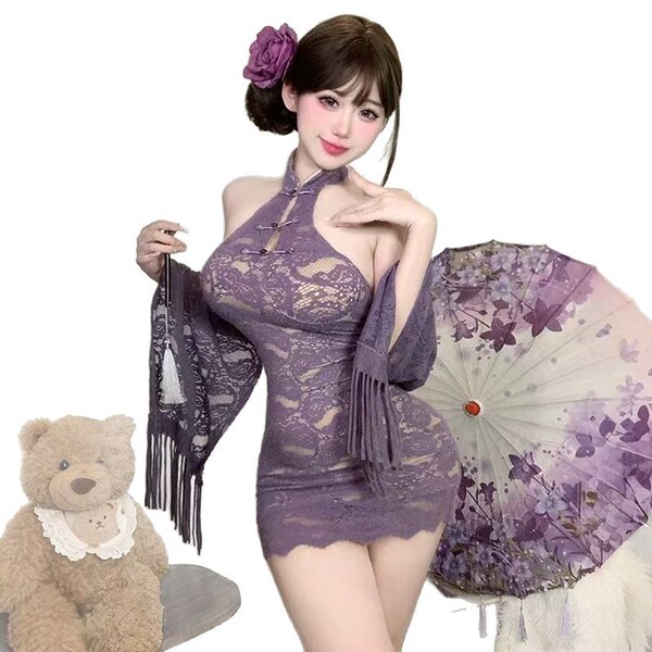 Woman in purple lace cherry romance lingerie set with floral umbrella and teddy bear, perfect for sensual date night.
