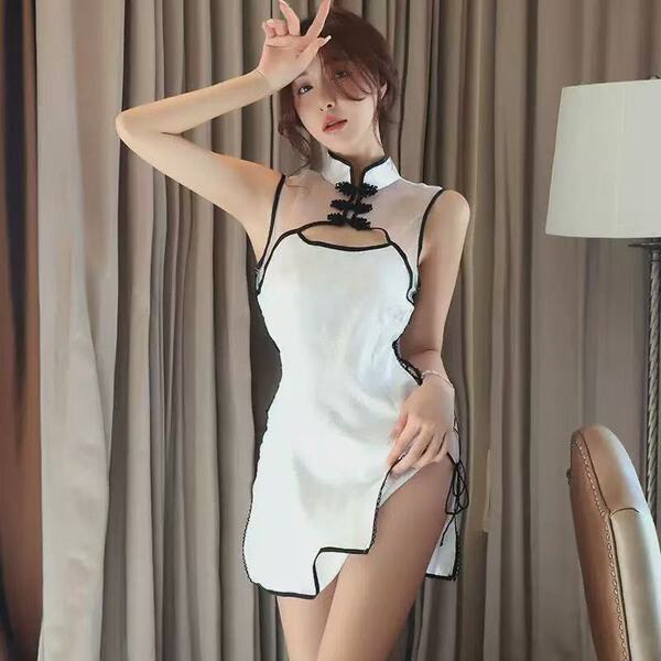 Sexy sheer high-slit bodycon cheongsam dress from cherry romance, retro design with elegant black accents, perfect for pure t...