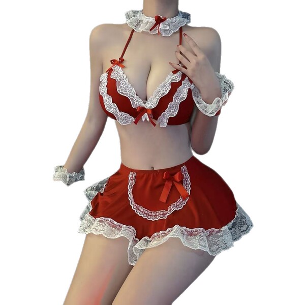 Cherry romance lingerie set: seductive maid costume with bra, thong & open-crotch skirt for women.