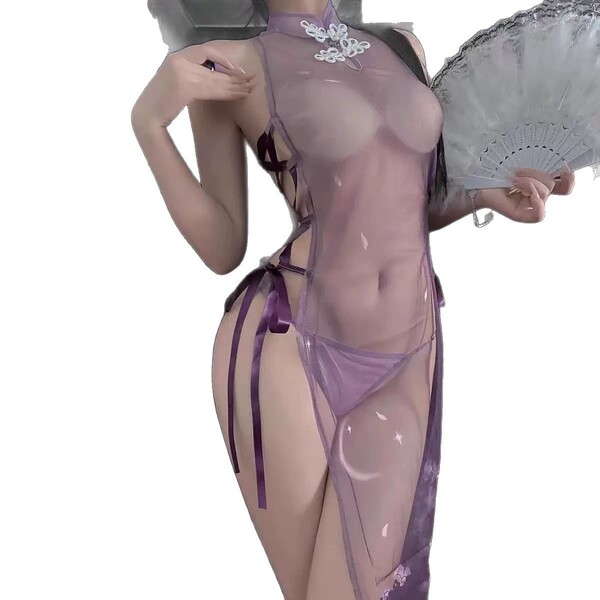 Cherry romance purple high-slit cheongsam lingerie - sheer seductive sleepwear for intimate moments, featuring elegant sheer ...