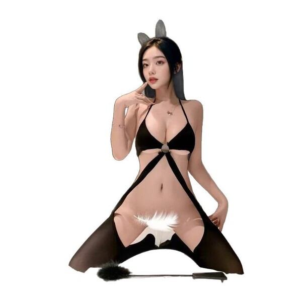 Woman modeling cherry romance sexy plus size no-remove bodysuit with black fishnet stockings, bunny ears, and tail.