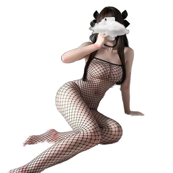Woman wearing cherry romance sheer mesh bodysuit with open-crotch design, wrapped bust, and full-body net stockings.