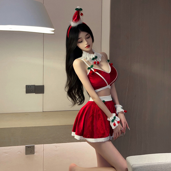 Sexy christmas-themed cherry-themed lingerie dress with suspenders, perfect for holiday costumes.