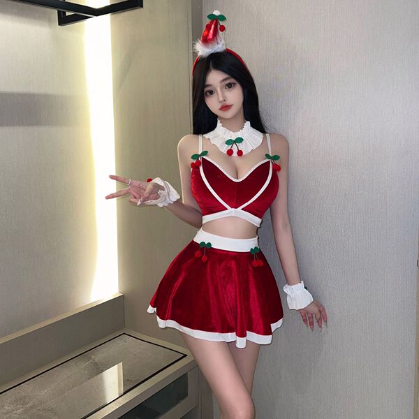 Sexy christmas-themed dress featuring cherries, perfect for holiday costumes. includes suspenders and a playful design.
