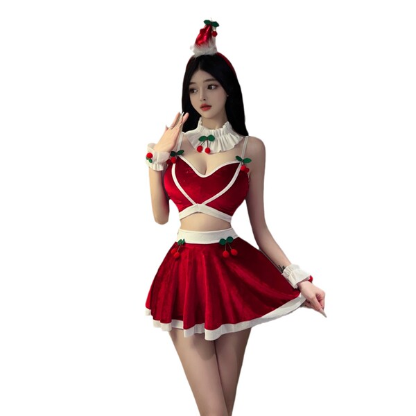 Sexy christmas-themed dress featuring cherries, suspenders, and festive design, perfect for holiday costumes.