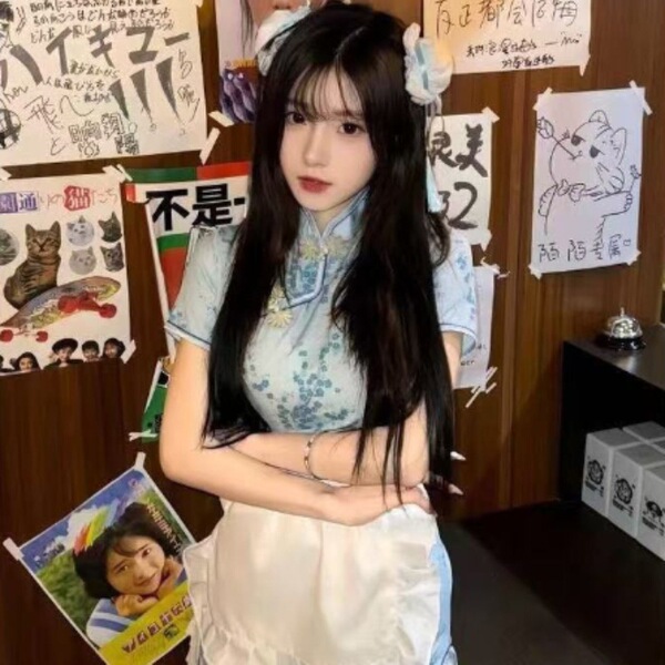 Plus Size Chinese Style Cheongsam Lingerie Set - Retro Maid Dress with Apron, Busty Pure & Tempting Two-Piece Outfit - Chinese-style blue and white apron (no headdress)