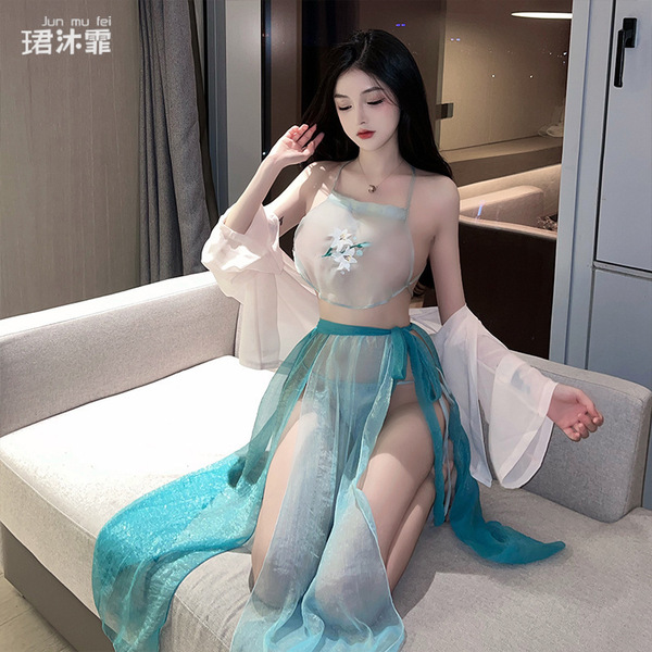 Elegant chinese ancient hanfu-inspired sleepwear set featuring an embroidered bodice and flowing skirt, perfect for a luxurio...