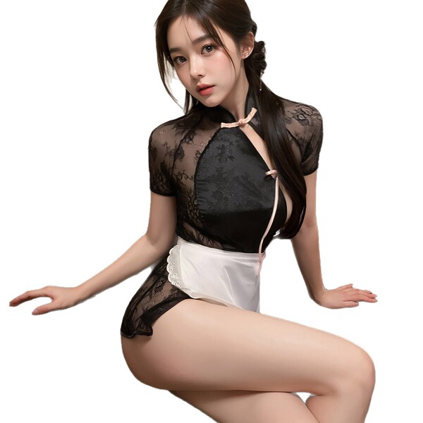 Vintage chinese-style chef role play lingerie set featuring a seductive open-front design with lace details, perfect for pure...