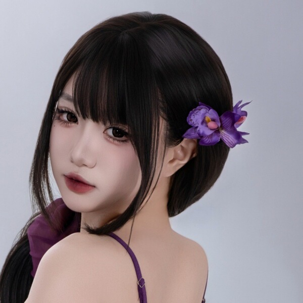 A person with long black hair adorned with purple floral hair clips, featuring elegant designs perfect for buns, side braids,...