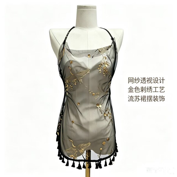 Chinese-style gold-foil crane sleep dress - sexy backless sheer lace babydoll with tassel straps & embroidered crane motif