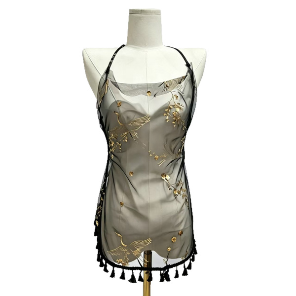 Sexy backless sheer lace babydoll featuring gold foil crane embroidery, tassel-trimmed straps, and elegant design.