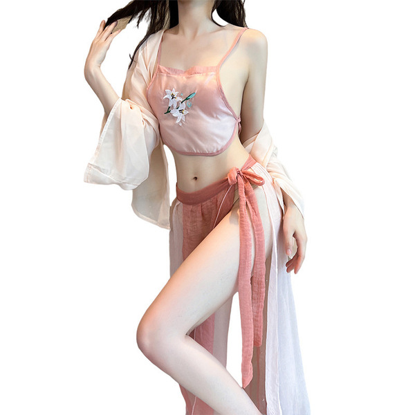 Chinese hanfu lingerie set featuring sexy ancient-inspired silk sleepwear with embroidery and style design.
