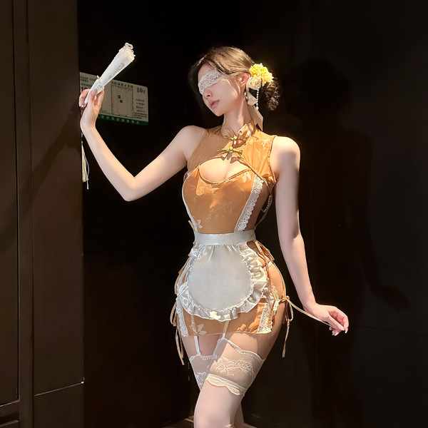 A woman poses elegantly in a chinese-inspired lingerie set featuring pearl embellishments, maid-style apron, and sheer stocki...