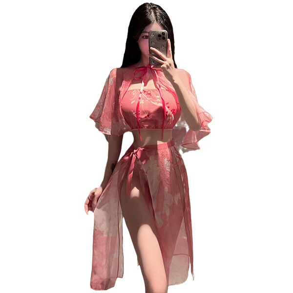Original chinese-inspired lingerie set featuring a cherry blossom design, perfect for women seeking seductive hanfu-style sle...