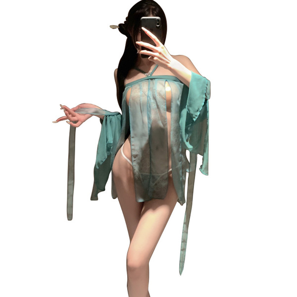 Chinese-inspired sensual lingerie set featuring sheer hanfu-style bustier dress with flowing sleeves, perfect for women seeki...