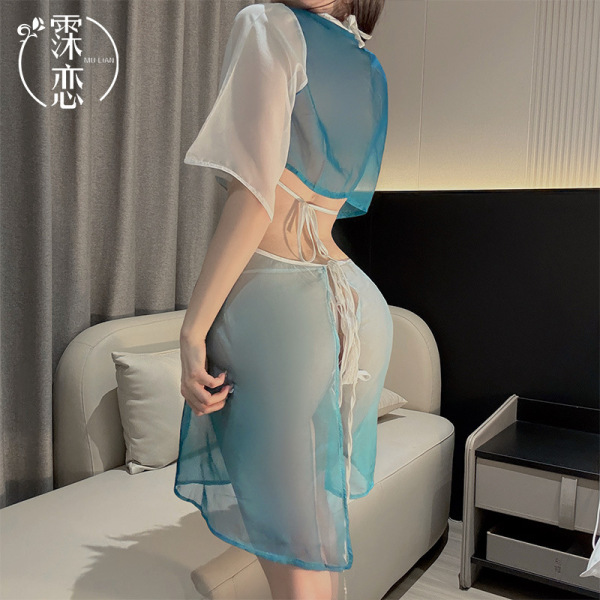 Woman wearing a sheer blue and white chinese-inspired lingerie qipao costume with elegant hanfu style details, perfect for ni...