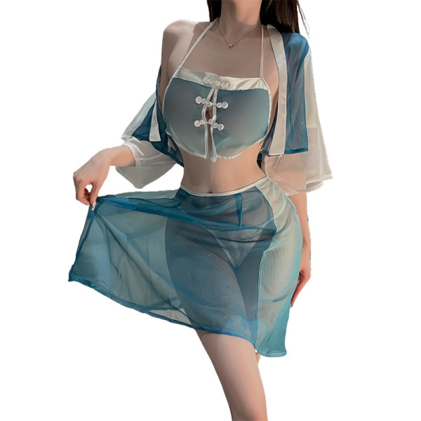 Sexy blue lingerie qipao with sheer sleeves and traditional chinese knot buttons, elegant hanfu style for nightclub or stage ...