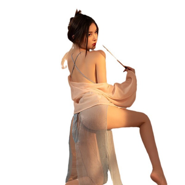 Elegant sheer silk drape bodysuit paired with embroidered hanfu-style bedwear, showcasing delicate craftsmanship and feminine...