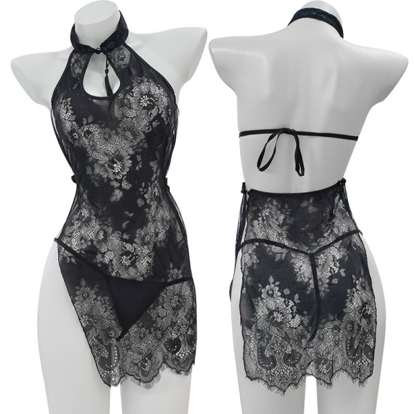 Black lace qipao-inspired lingerie set with halter neck and floral pattern, front and back view.