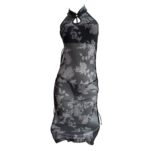 Vintage chinese-style sheer dress with floral pattern, elegant halter neck design, perfect for evening wear.