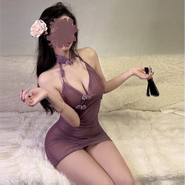 Woman wearing purple sheer chinese-style lingerie qipao dress with floral embroidery, bodycon fit, and tassel accessories on ...