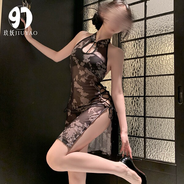 Sexy sheer high-slit ink-wash print qipao dress with adjustable ties, elegant design, perfect for evening wear.