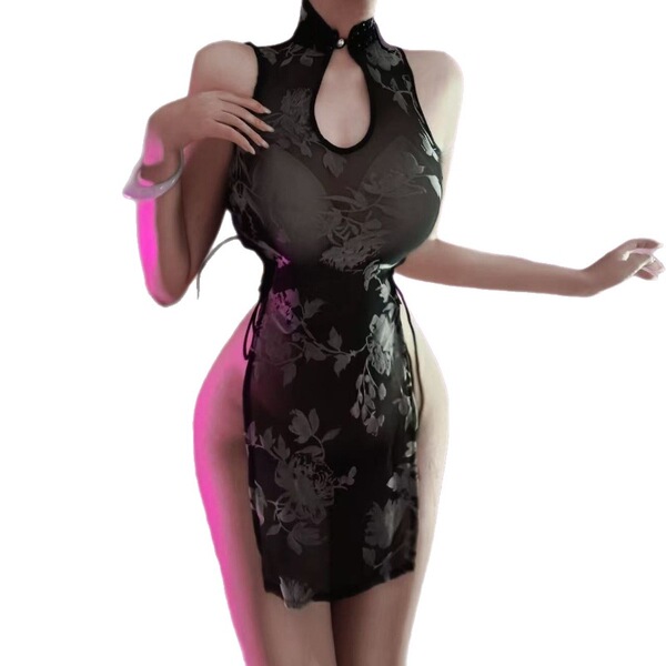 New chinese-style lingerie qipao - sheer sexy high-slit ink-wash design with adjustable ties