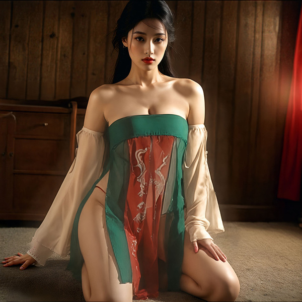 Elegant chinese palace style lingerie set featuring a maid costume design with sheer fabric and intricate patterns, perfect f...