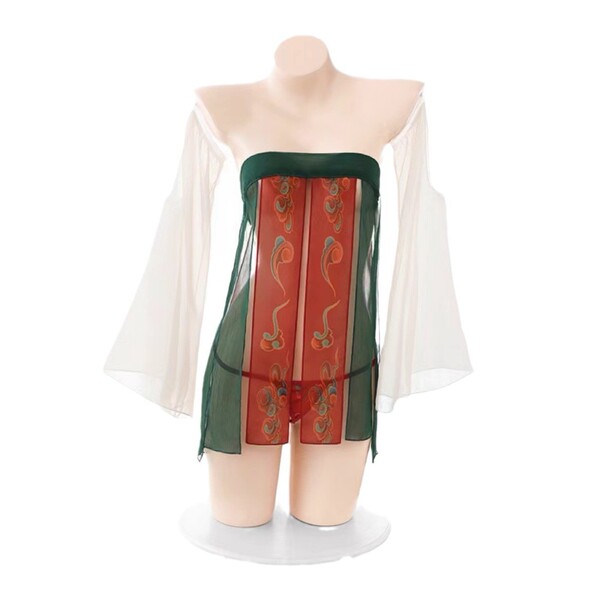 Elegant chinese palace style lingerie set featuring a maid costume design with intricate patterns and sheer fabric for a luxu...