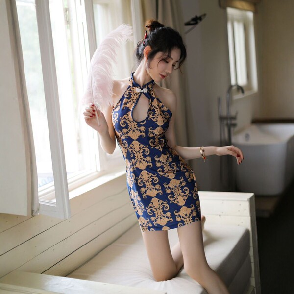 A woman poses elegantly in a floral halter bodysuit, featuring a retro design. the dress combines traditional chinese element...