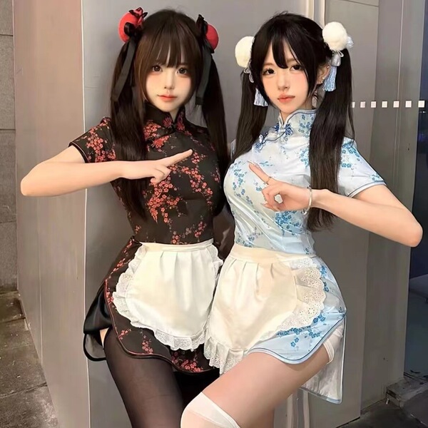 Two women pose wearing chinese-style qipao lingerie sets, featuring open-crotch designs perfect for role play and intimate mo...