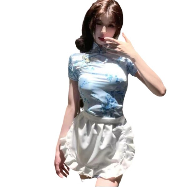 A woman models a chinese-style qipao dress with floral patterns, featuring an open-crotch design, perfect for role play and i...