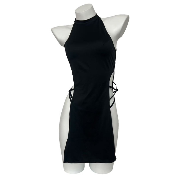 Black chinese-style qipao dress with sheer lace bodysuit and cut-out details, perfect for sensual role play outfits.