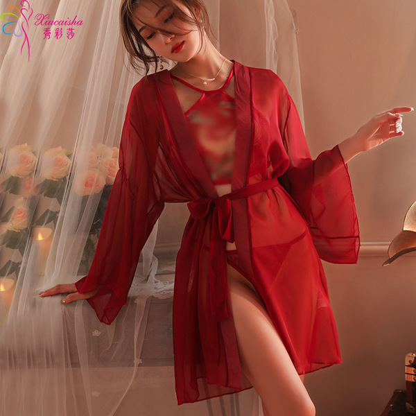 Elegant red silk doudou sleepwear set, featuring sheer fabric and tie belt design, perfect for romantic bedroom outfits.