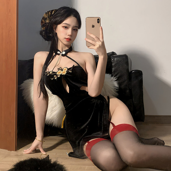 Elegant modified cheongsam with high slit, backless design, adorned with floral embroidery and delicate halter top, perfect f...