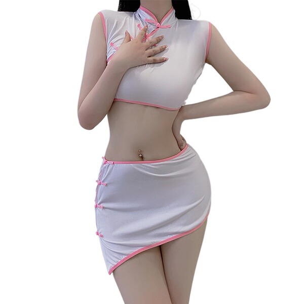 A woman models a chinese-style sexy lingerie set featuring a transparent lace flagpole costume with erotic cut-outs and vinta...