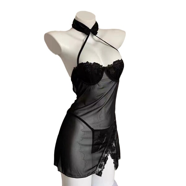 Sexy sheer mesh lace halter dress with side slit, perfect for womens seductive lingerie sets.