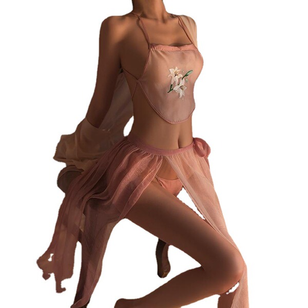 Sexy chinese silk lingerie set featuring hanfu-inspired design with floral embroidery, elegant sheer fabric, perfect for sedu...