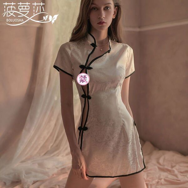 Seductive open-crotch sleepwear with vintage-inspired chinese cheongsam design, featuring elegant split hem and traditional b...