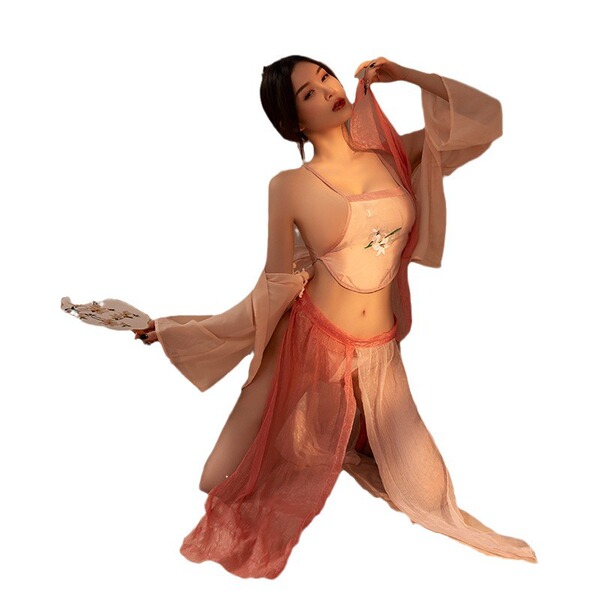 Elegant sheer hanfu-inspired sleepwear set featuring intricate embroidery, perfect for a seductive and traditional look.