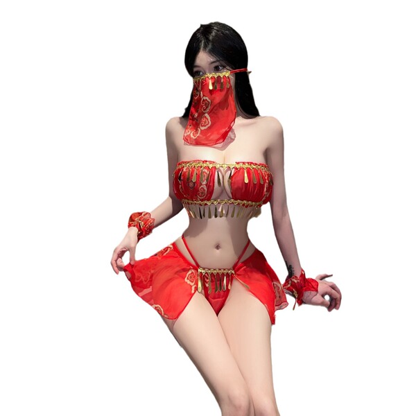Chinese new year red lingerie set - exotic dance-inspired hanfu-style split costume for couples, featuring vibrant red fabric...