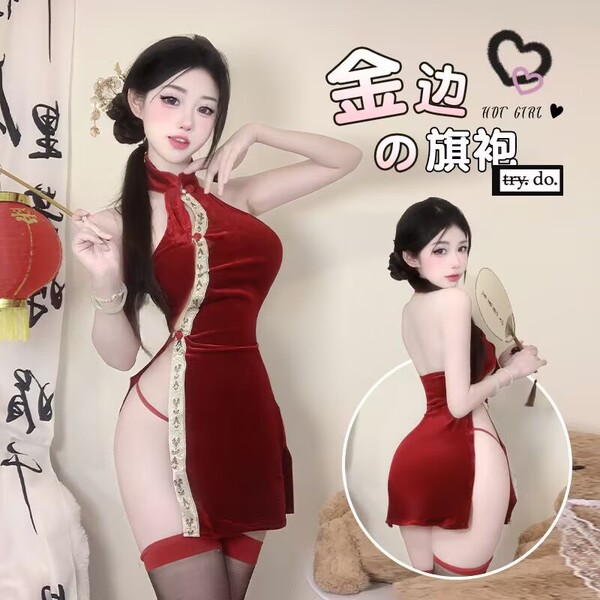 Elegant red silk cheongsam dress with lace-up high-waist slit and traditional knotted buttons, perfect for festive celebratio...